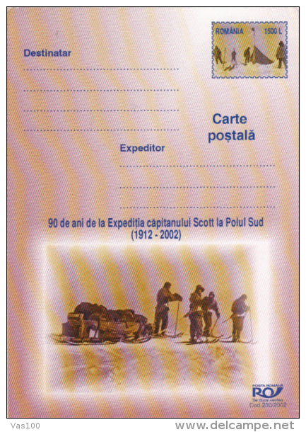 CAPTAIN SCOTT, SOUTH POLE MISSION, PC STATIONERY ENTIER POSTAL, 2002, ROMANIA - Explorateurs