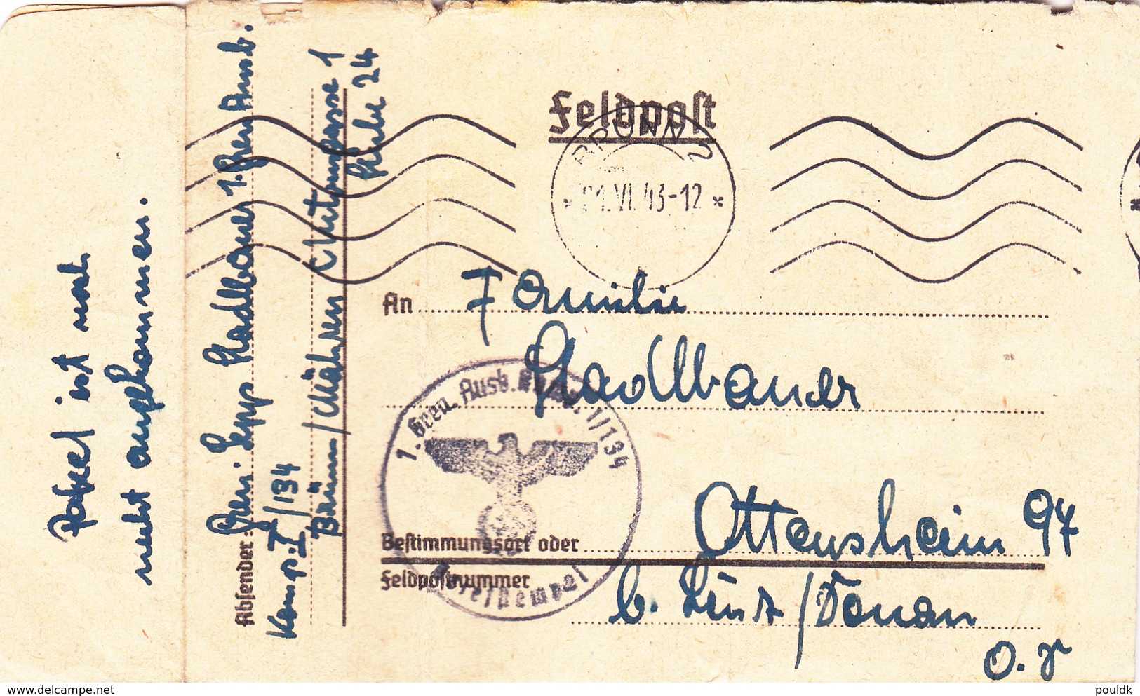 Feldpost World War 2: Gren. Ausb. Komp. I/134 In Brünn, Mähren Dtd Brünn 2 1.6.1943 - Letter Inside. Bowed Several Place - Sonstige & Ohne Zuordnung