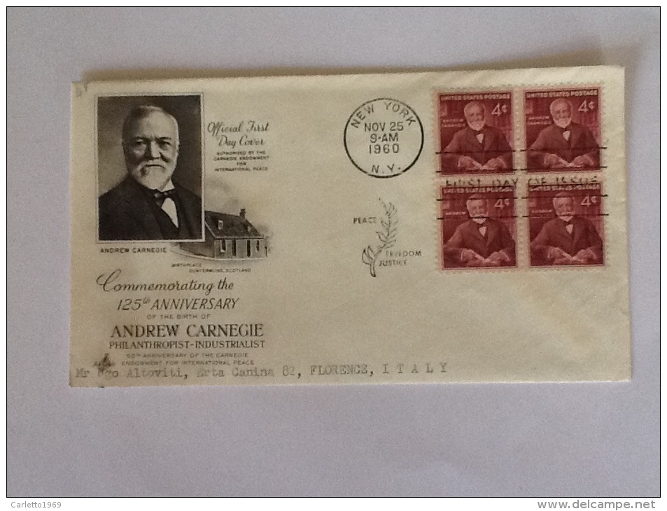 FDC ANDREW CARNEGIE  ANNIVERSARY 1960 - Andere & Zonder Classificatie