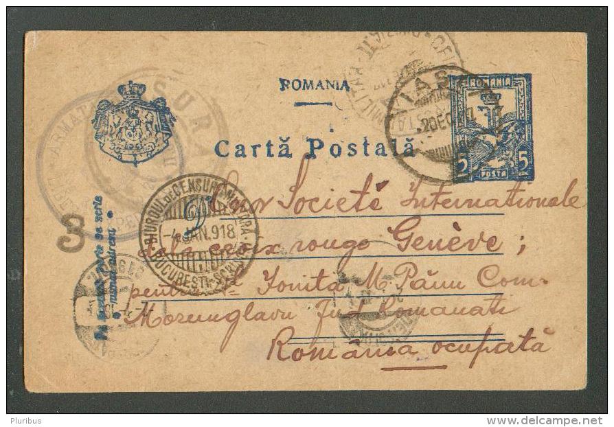 1918 POSTAL STATIONERY  ROMANIA  IASI  MILITARY  CENSOR TO GENEVE RED CROSS VIA RUSSIA  PETROGRAD , OLD POSTCARD    ,O - Enteros Postales