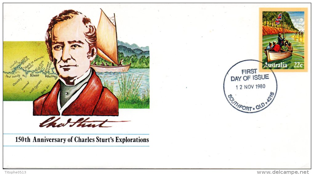 AUSTRALIE. Entier Postal Avec Oblitération 1er Jour De 1980. Charles Sturt. - Explorateurs