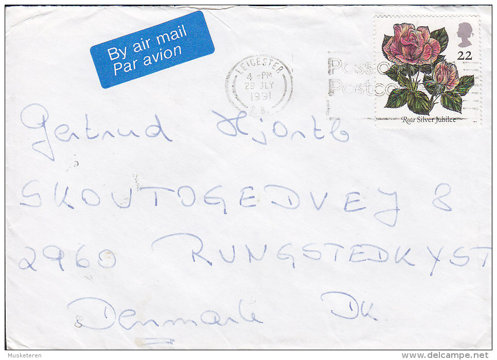 Great Britain (4x) Airmail Par Avion Labels LEICESTER 1991 Cover To RUNGSTED KYST Denmark Rosa Silver Jubilee Flower - Covers & Documents