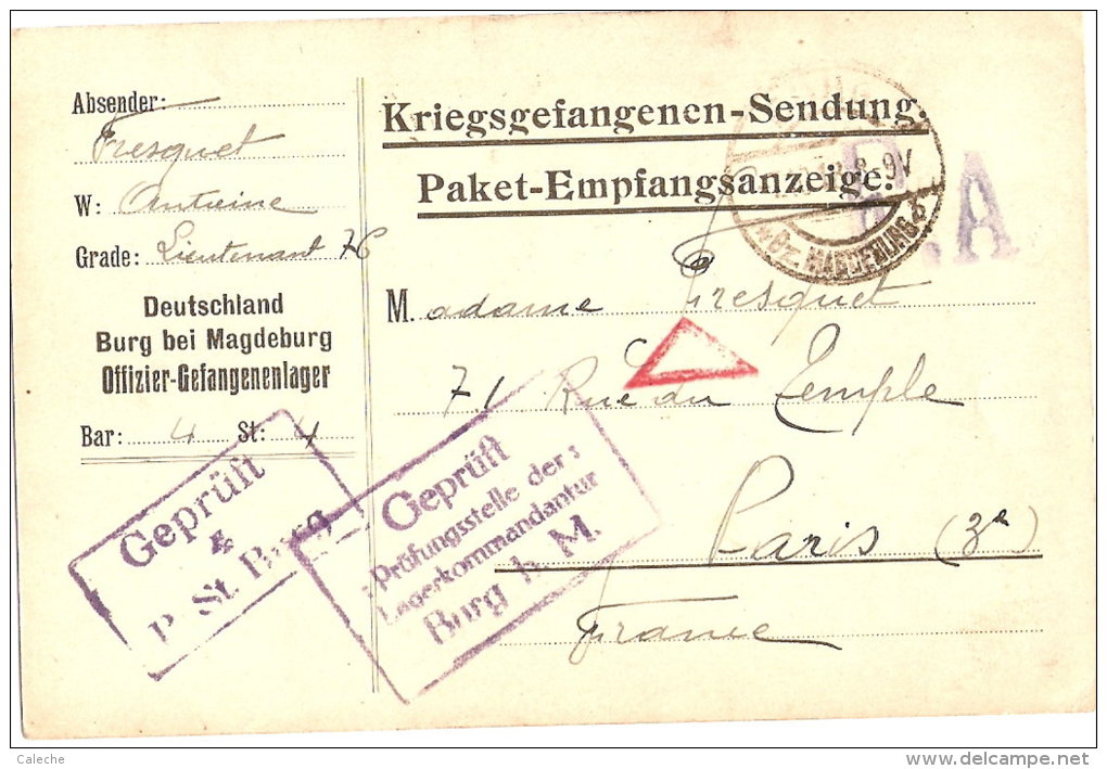 Carte Réception De Colis Camp De Prisonniers Magdeburg - Marque De Passage Par Constance (triangle Rouge) - Prisoners