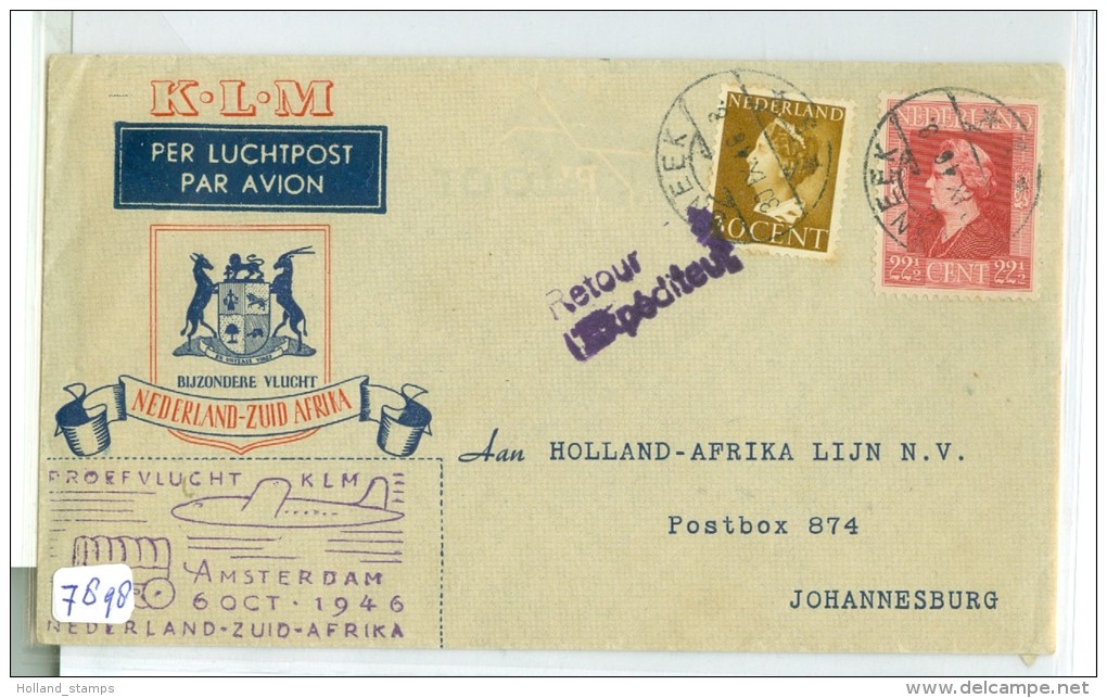 LUCHTPOST BRIEFOMSLAG Uit 1946 Van SNEEK Naar JOHANNESBURG SOUTH AFRICA * PROEFVLUCHT KLM   (7898) - Poste Aérienne