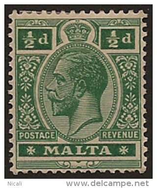 MALTA 1914 1/2d Deep Green KGV SG 71a HM VD226 - Malta (...-1964)