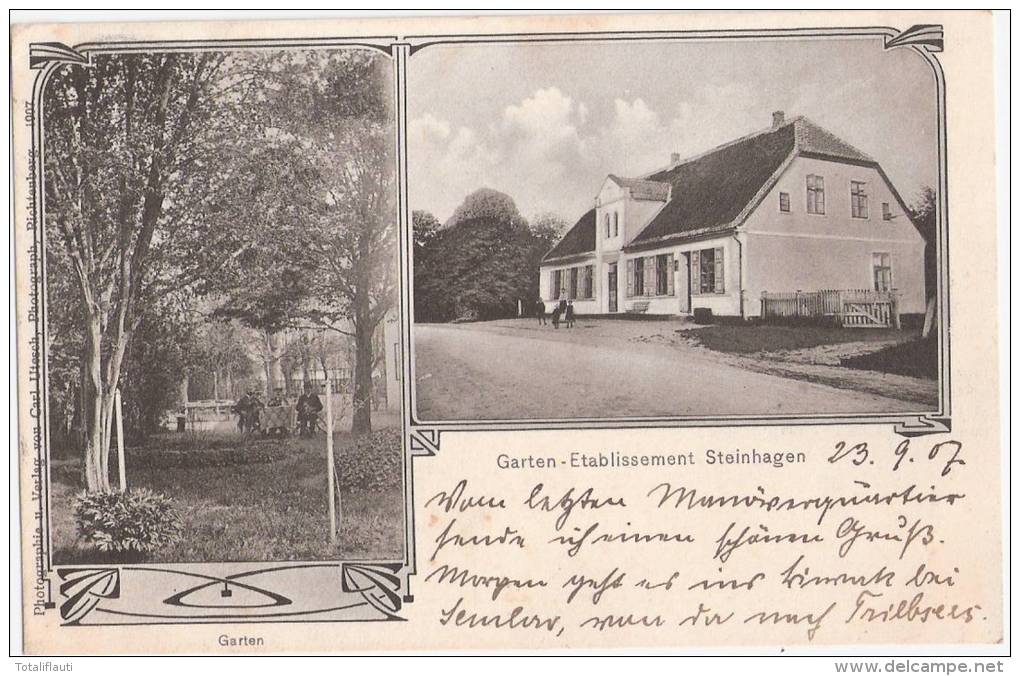 Garten Etablissement Steinhagen Bei Stralsund Jugendstil Rahmung Belebt 24.9.1907 Gelaufen - Stralsund