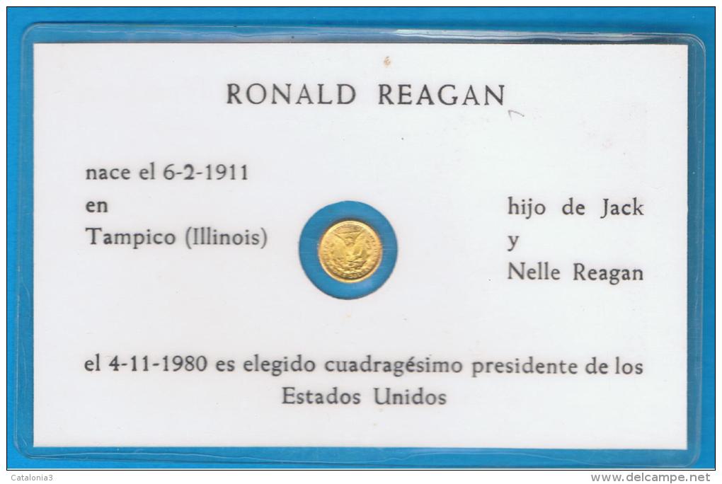 Ronald  Reagan - Medallita Dorada En Ficha Plastificada - Adel & Monarchie