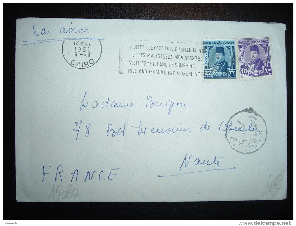 LETTRE PAR AVION POUR LA FRANCE TP 22M + 10M OBL.MEC. 12 MAI 1951 CAIRO + CACHET SPECIAL - Cartas & Documentos