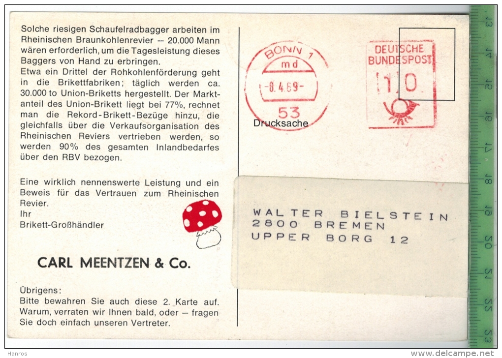 Brikett-Großhändler Um 1960/1970, Verlag: --,  POSTKARTE, Mit Frankatur, Mit Stempel,  BONN 8.4.69 , Erhaltung: I-II, - Verkopers