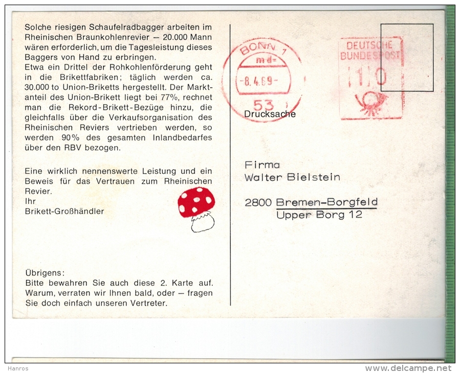 Brikett-Großhändler Um 1960/1970, Verlag:--,   POSTKARTE, Mit Frankatur, Mit Stempel,  BONN   8.4.69,  Erhaltung: I-II, - Händler