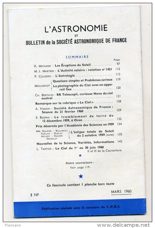 L'ASTRONOMIE. Revue De La Société Astronomique Française. Mars 1960. - Astronomie