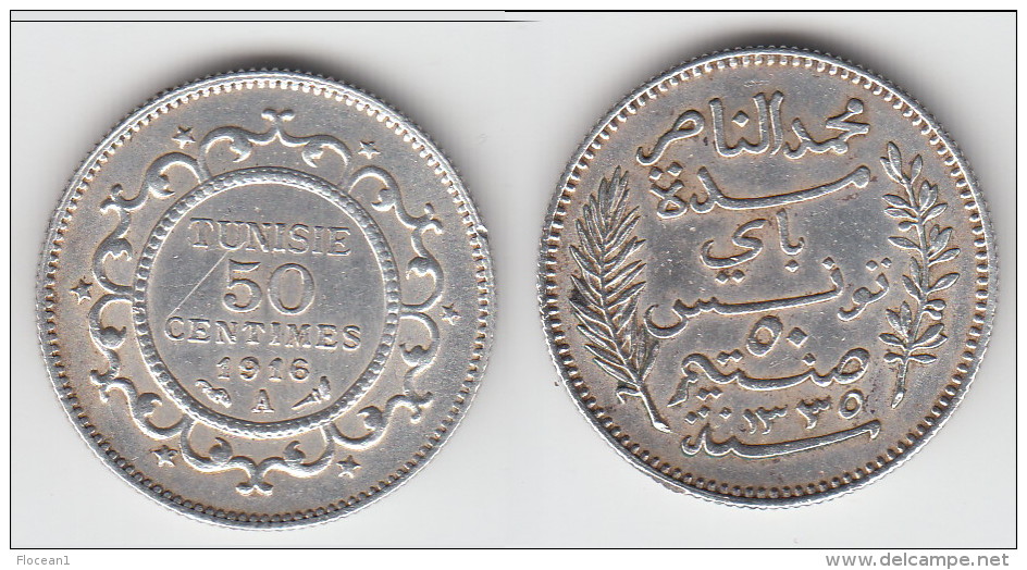 ****  TUNISIE - TUNISIA - 50 CENTIMES 1916 A - SILVER - ARGENT **** EN ACHAT IMMEDIAT !!! - Tunisia