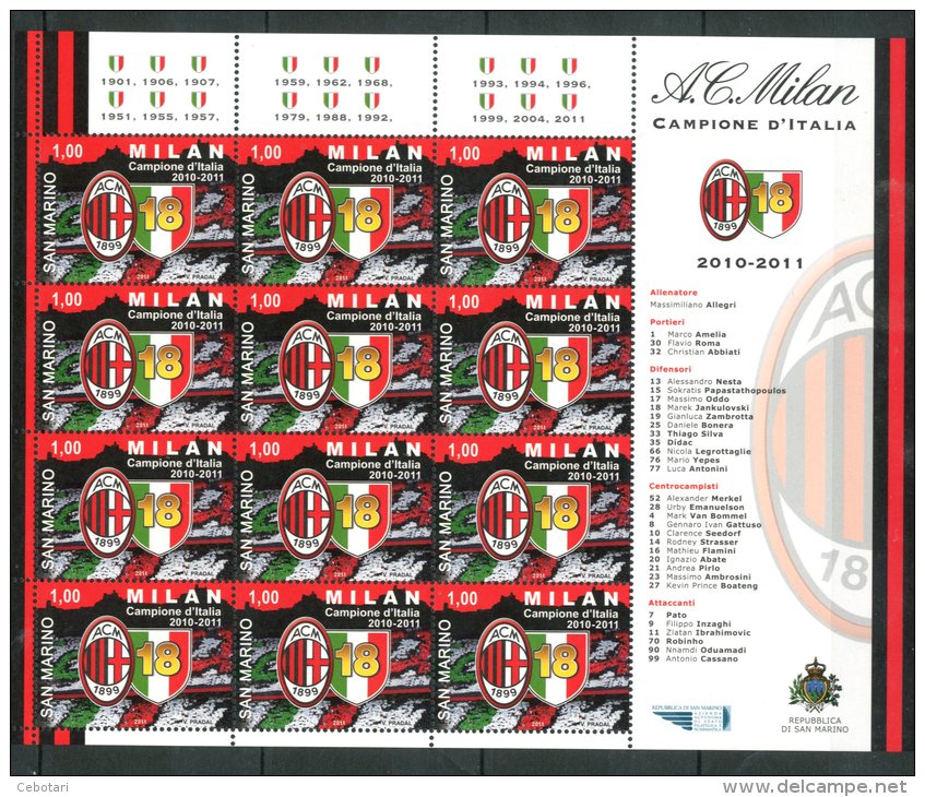 SAN MARINO 2011** - A.C.Milan Campione D'Italia 2010-2011 - Block MNH Come Da Scansione - Clubs Mythiques