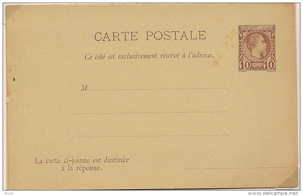 MONACO 1886 10c Postal Reply Card Unused VZ131 - Entiers Postaux