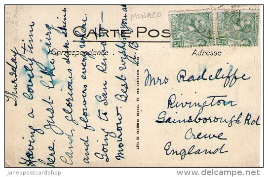 COLOURED LL POSTCARD - LE CASINO  - MONACO With Two Used 15 Monaco Stamps On Reverse - Casino