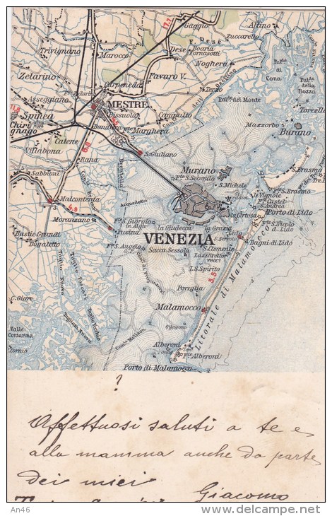 VENEZIA-MESTRE-MURANO-LITORALE DI MALAMOCCO-LAGUNA  - CARTINA GEOGRAFICA VG 1901  AUTENTICA 100% - Carte Geografiche