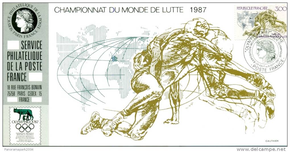 039 Carte Officielle Exposition Internationale Exhibition Olymphilex FDC 1987 France Championnat Lutte Sport Sports - Philatelic Exhibitions