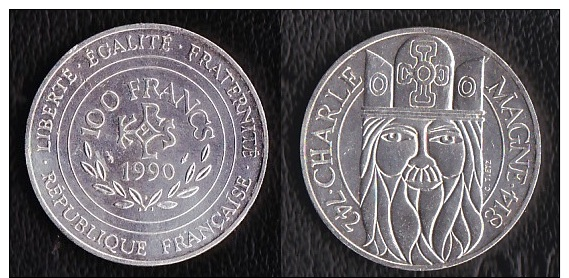 SUPERBE ET ASSEZ RARE---PIECE 100 FRANCS ARGENT 1990 "Charlemagne"---ETAT : SUP//SPL - Autres & Non Classés