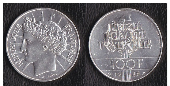 SUPERBE---PIECE 100 FRANCS ARGENT 1988 "Fraternité"---ETAT : SUP+ - Autres & Non Classés