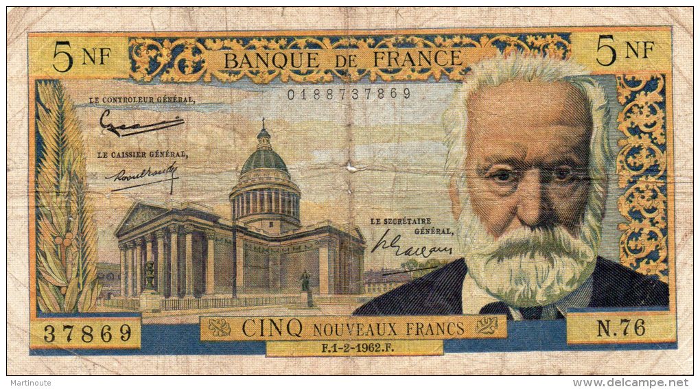 - BILLET De 5 NF Victor Hugo  - F.1- 2 - 1962.F.  - état Moyen -  457 - 5 NF 1959-1965 ''Victor Hugo''