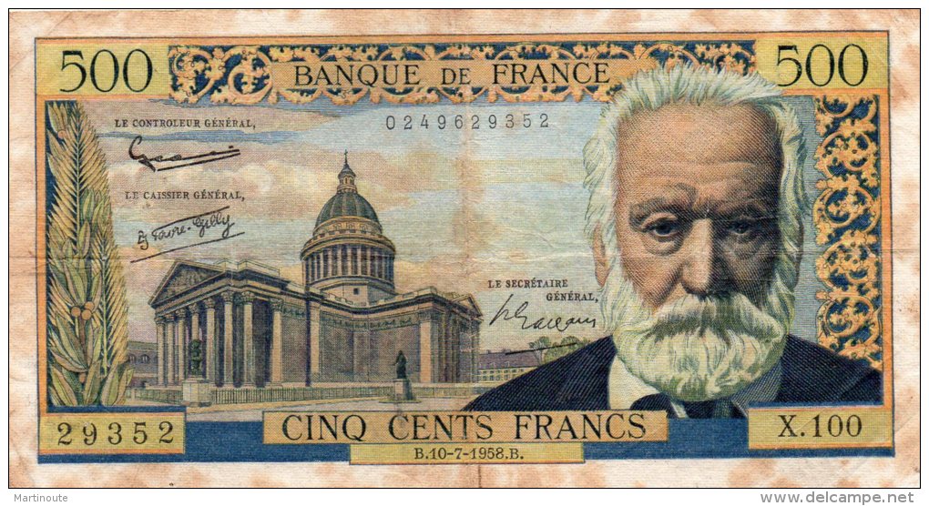 - BILLET De 500 F. Victor Hugo  - B.10- 7 - 1958.B. -  461 - 500 F 1954-1958 ''Victor Hugo''