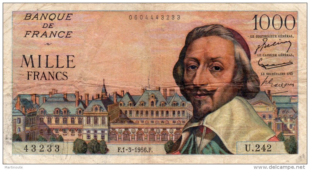 - BILLET De 1000 F. RICHELIEU - F.1- 3 - 1956 .F. -  463 - 1 000 F 1953-1957 ''Richelieu''