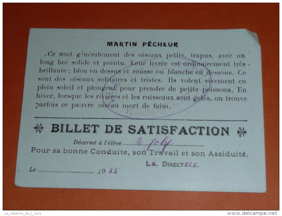 Rare Chromos Ancienne Image D'école, 1935, Billet De Satisfaction, Martin Pêcheur Ecole De Champigny-sur-Marne - Collections