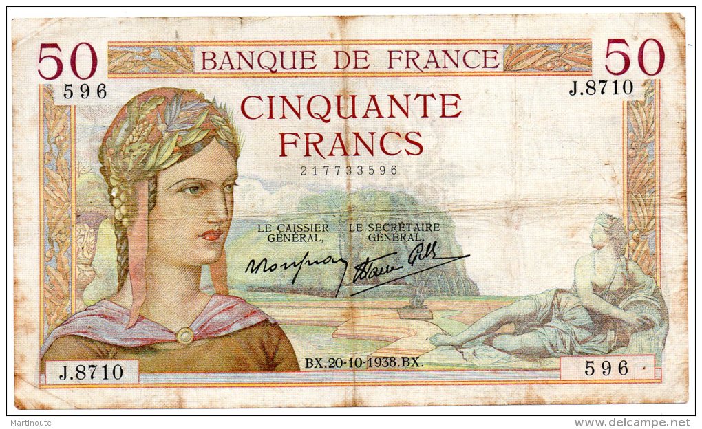 - BILLET De 50 F. CERES - BX .20- 10 - 1938 .BX . -  469 - 50 F 1934-1940 ''Cérès''