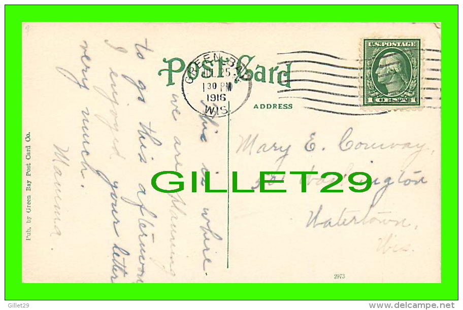 GREEN BAY, WI - PAVILION &amp; BATH HOUSE, BAY VIEW BEACH - ANIMATED - TRAVEL IN 1916 - PUB. BY GREEN BAY POST CARD CO - - Green Bay