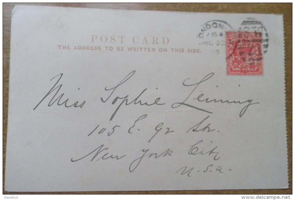 S970.-. GREAT BRITAIN .-.1906. 1 PENNY, ON POSTCARD, LONDON TO NEW YORK .SEE DESCRIPTION. HYDE PARK CORNER, LONDON - Covers & Documents