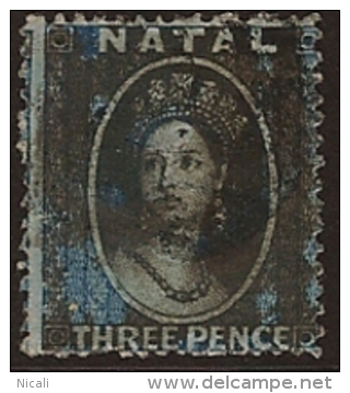 NATAL 1859 3d Blue QV U SG 10 PZ114 - Natal (1857-1909)