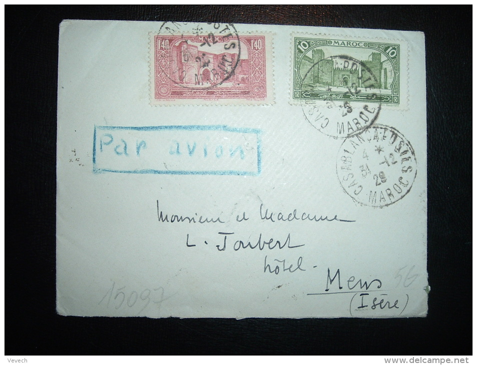 LETTRE POUR LA FRANCE TP 1F40 + TP 10C OBL. 31-12-29 CASABLANCA POSTES MAROC - Covers & Documents