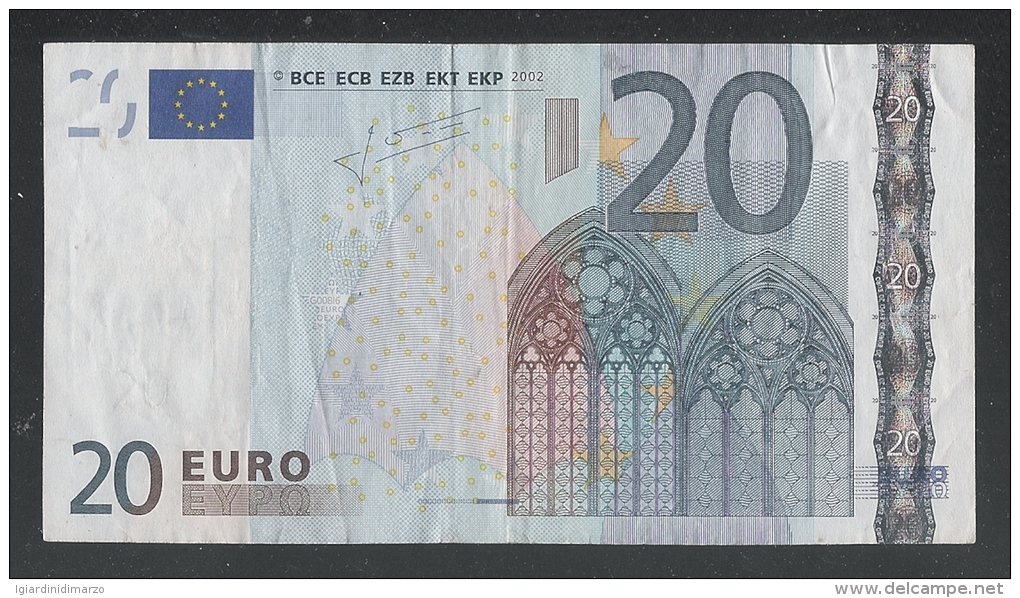 EURO - CIPRO - 2002 - BANCONOTA DA 20 EURO TRICHET SERIE G (G008I6) - CIRCOLATA-CIRCULATED - IN BUONE CONDIZIONI. - 20 Euro