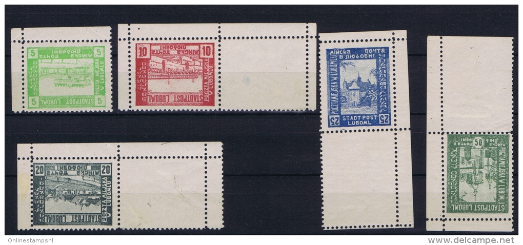 Poland: 1918 Lumboml Fi 1-5 A Inverted Corner Values, In Corner Pieces MH/* RRR Cat Value 250 Euro ++ - Neufs