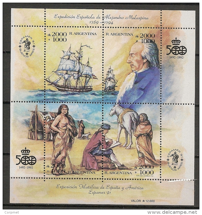 ARGENTINA - 1990  SOUVENIR SHEET  # B57 - Expedición Malaspina - Topical CHEVAUX - SHIPS - ESPAMER 91 - ** MINT NH - Hojas Bloque