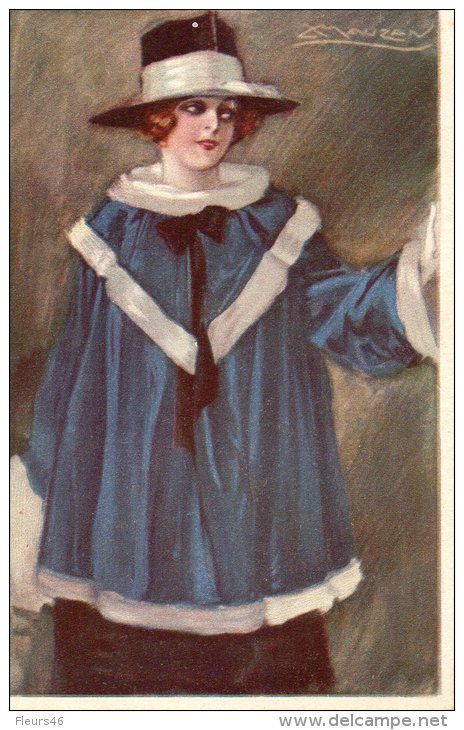 Belle Illustrée Signée X. MAUZAN : Femme Au Manteau Bleu - Mauzan, L.A.