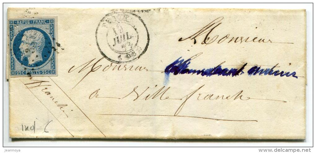 FRANCE - N° 10, OBL. PC THIZY LE 15/7/1852, POUR VILLEFRANCHE - B - 1852 Louis-Napoléon