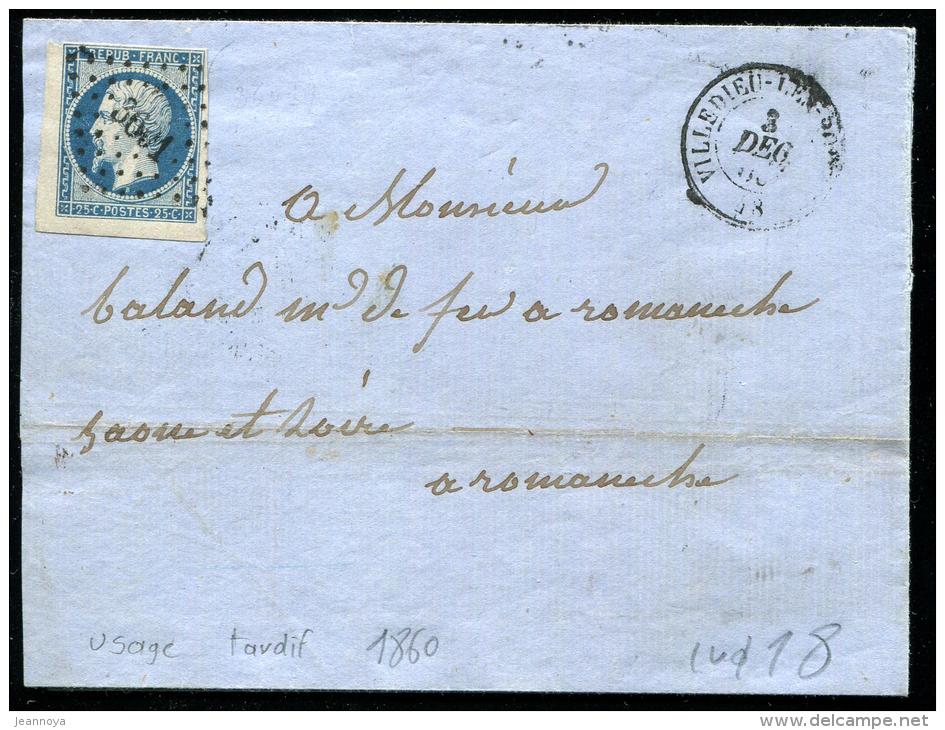 FRANCE - N° 10  OBL. PC VILLEDIEU LES POELES LE 3/12/1860, POUR ROMANECHE, USAGE TRES TARDIF - TB - 1852 Louis-Napoléon