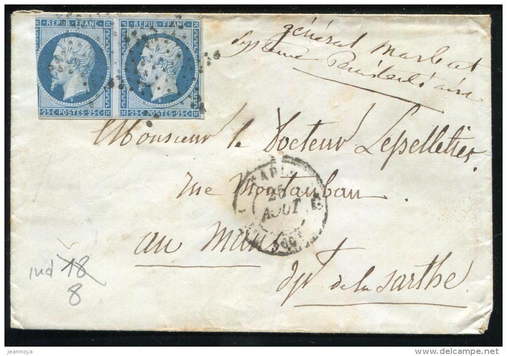 FRANCE - N° 10 PAIRE TOUCHÉ, OBL. ETOILE MUETTE DE PARIS POUR LE MANS - B & RARE - 1852 Luis-Napoléon