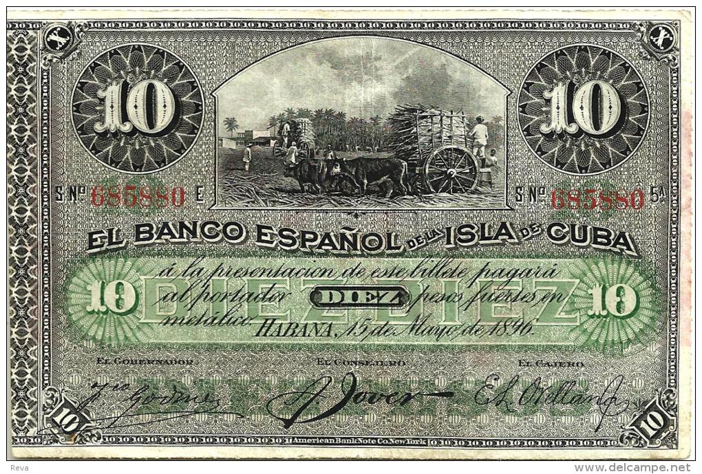 CUBA ESPANOL 10 PESOS BLACK ANIMAL FRONT SHIELD PLATA O/P BACK DATED 15-05-1896 VF P.49d READ DESCRIPTION !! - Cuba