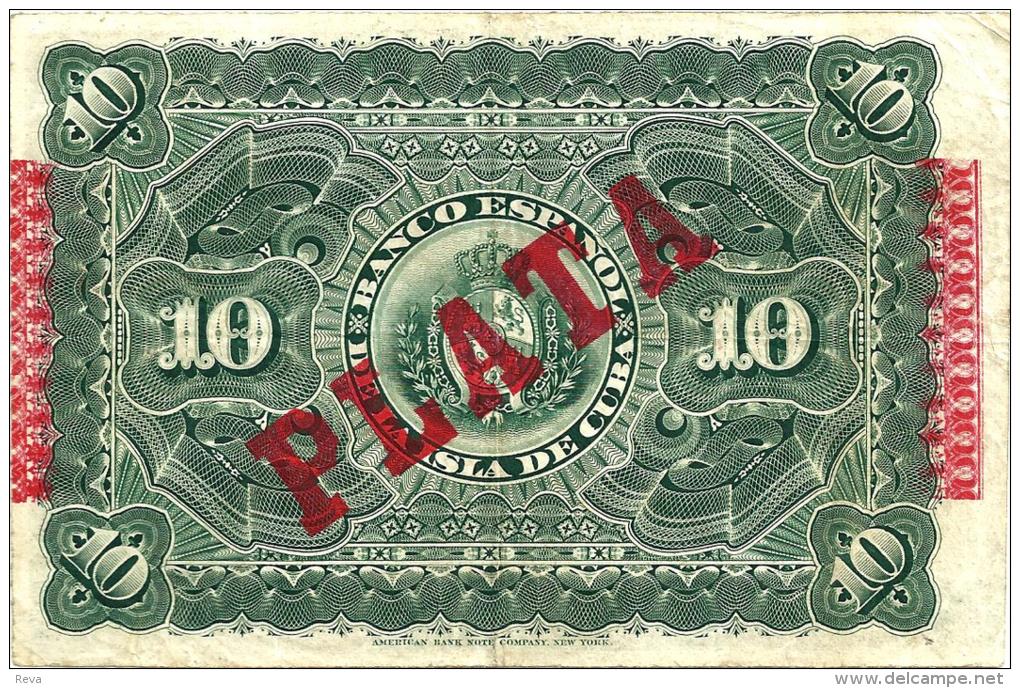 CUBA ESPANOL 10 PESOS BLACK ANIMAL FRONT SHIELD PLATA O/P BACK DATED 15-05-1896 VF P.49d READ DESCRIPTION !! - Cuba