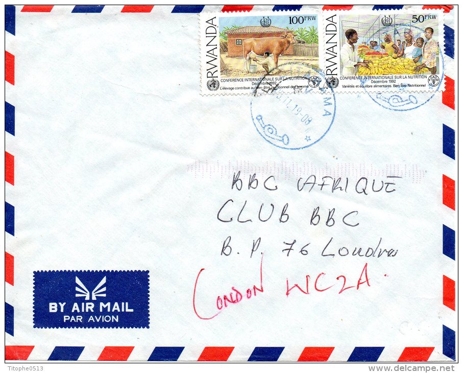 RWANDA. N°1316B De 1992 Sur Enveloppe Ayant Circulé. FAO/Marché Aux Fruits. - Contre La Faim