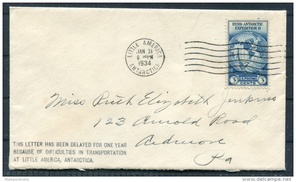 1934 USA Little America Antarctic, BYRD EXPEDITION, DELAYED FOR ONE YEAR, Polar - Cover + Letter - Other & Unclassified