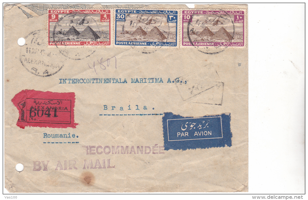 EGYPTE 1935  REGISTRED AIRMAIL COVER, SEND TOT ROMANIA NICE FRANKING 3 STAMPS . - Covers & Documents