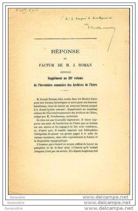 Livret " Réponse Au Factum De M. J. Roman " Par Auguste Prudhomme Grenoble - Exemplaire Dédicacé - Archives De L´Isère - Rhône-Alpes