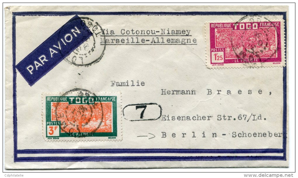 TOGO LETTRE PAR AVION VIA COTONOU-NIAMEY-MARSEILLE- ALLEMAGNE DEPART LOME 31 OCT 36 ARRIVEE BERLIN 6.11.36 - Brieven En Documenten