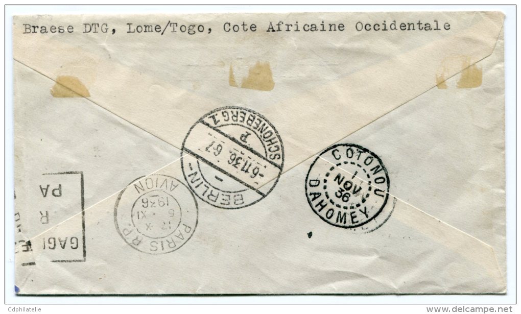 TOGO LETTRE PAR AVION VIA COTONOU-NIAMEY-MARSEILLE- ALLEMAGNE DEPART LOME 31 OCT 36 ARRIVEE BERLIN 6.11.36 - Lettres & Documents