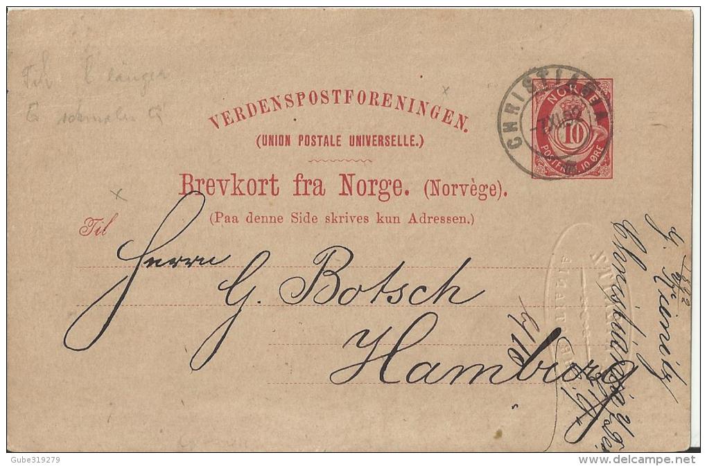 NORWAY 1892 – PRE-STAMPED POSTCARD OF 10 ORE - NOT ILLUSTRATED – ADDR TO HAMBURG- POSTM CHRISTIANIA NOV 7,1892   REPOS 1 - Ganzsachen