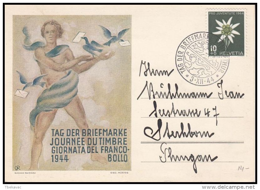 Switzerland 1944, Illustarted Card "Stamp Day" W./ Postmark Winterthur - Briefe U. Dokumente