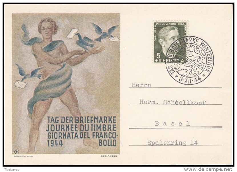 Switzerland 1944, Illustarted Card "Stamp Day" W./ Postmark Winterthur - Briefe U. Dokumente